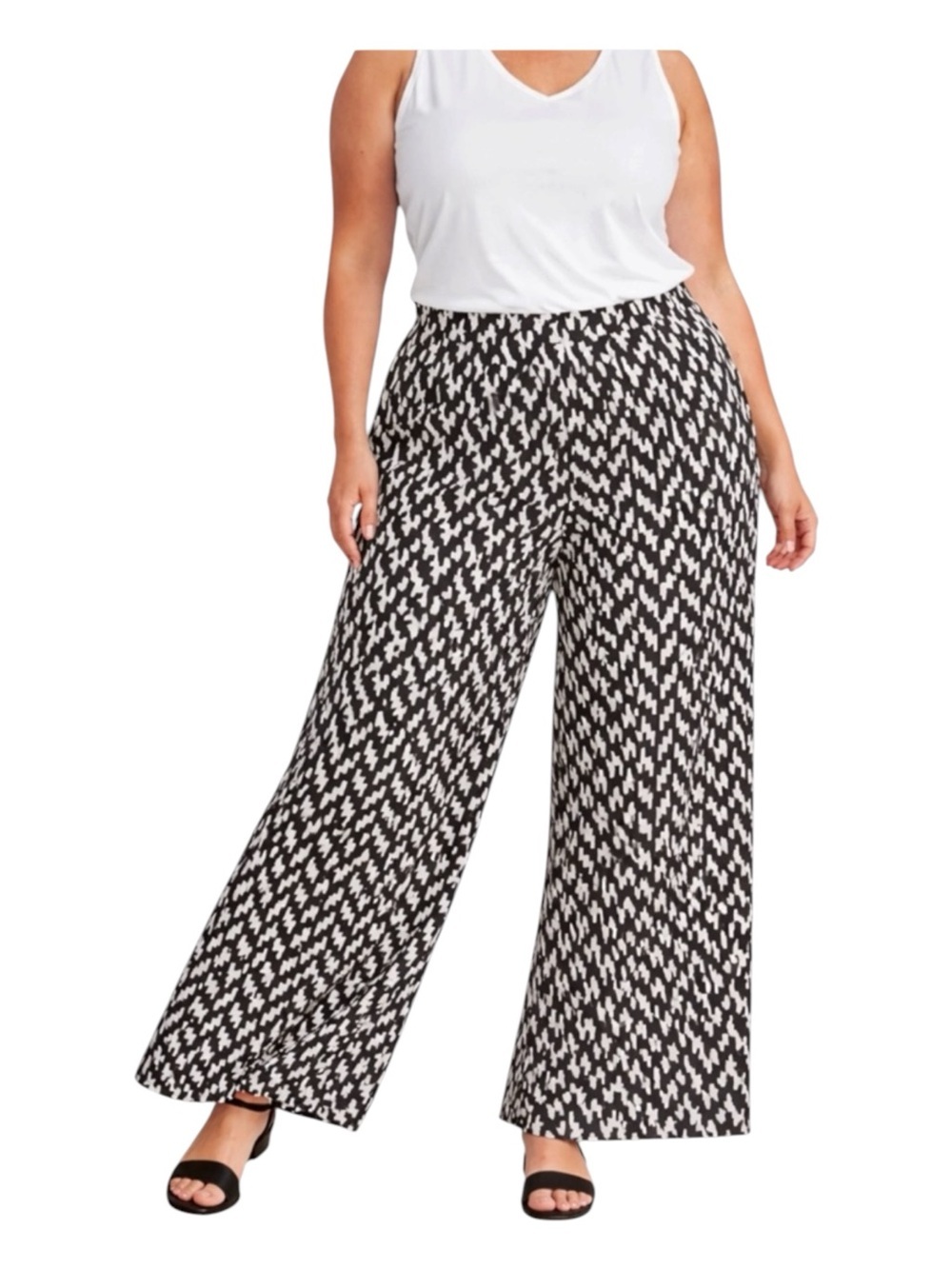 Resort Cruise Palazzo Pants Black White Graphic Wide Leg Pull On 1X